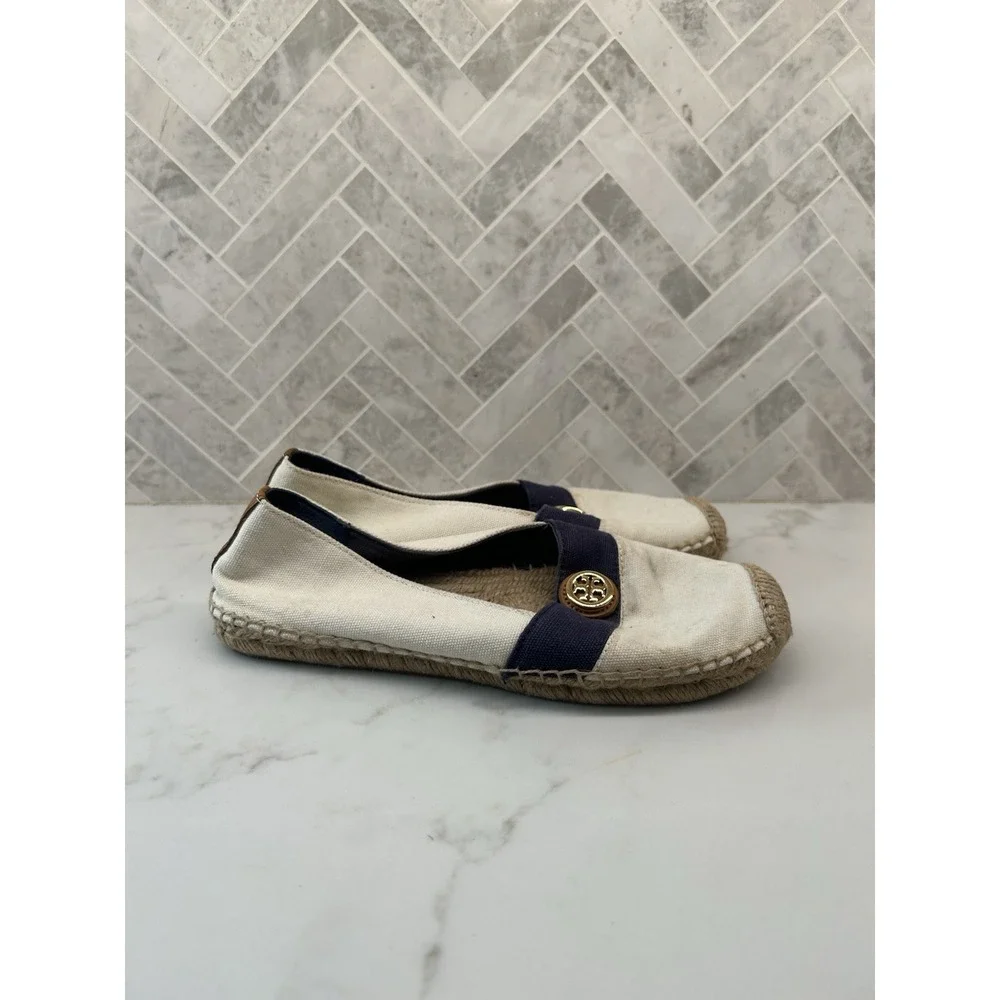 Tory Burch Espadrille Flats Ivory Newport Navy‎ Embellished Canvas Womens Size 8